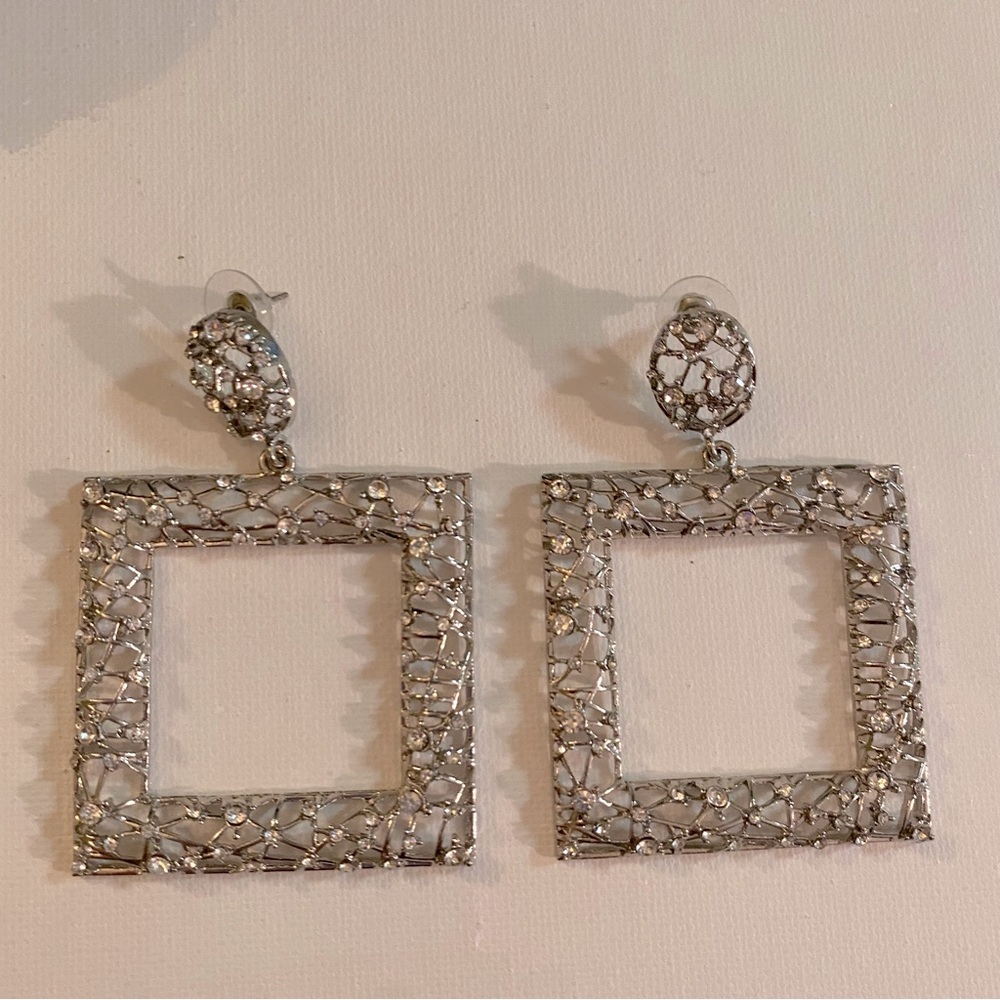 Oversized Silver Tone Geometric Square Mesh Metal Earrings with Rhinestones - Picture 3 of 3